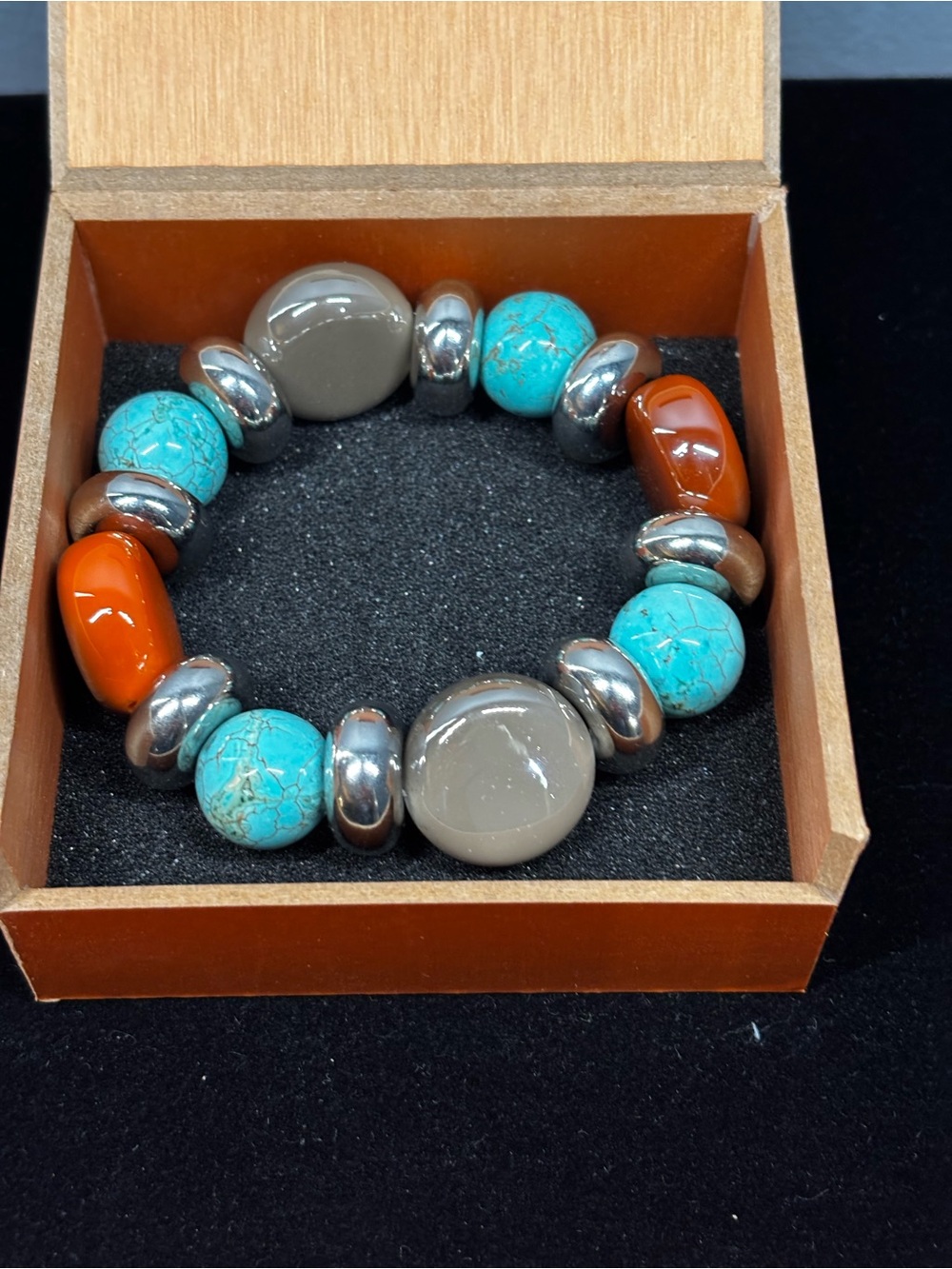 Turquoise, Orange and Gray Beaded Stretch Bracelet - Women Jewelry